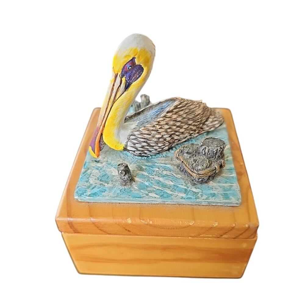 Wood Trinket Box With 3D Pelican In Water On Top 3.25" x 3.25" 4.25" Tall